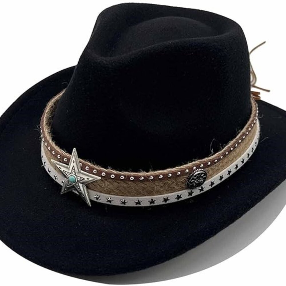 Black Western Cowboy, Cowgirl Hat, Lone Star Strap, Men Women Retro Wide‎ Brim